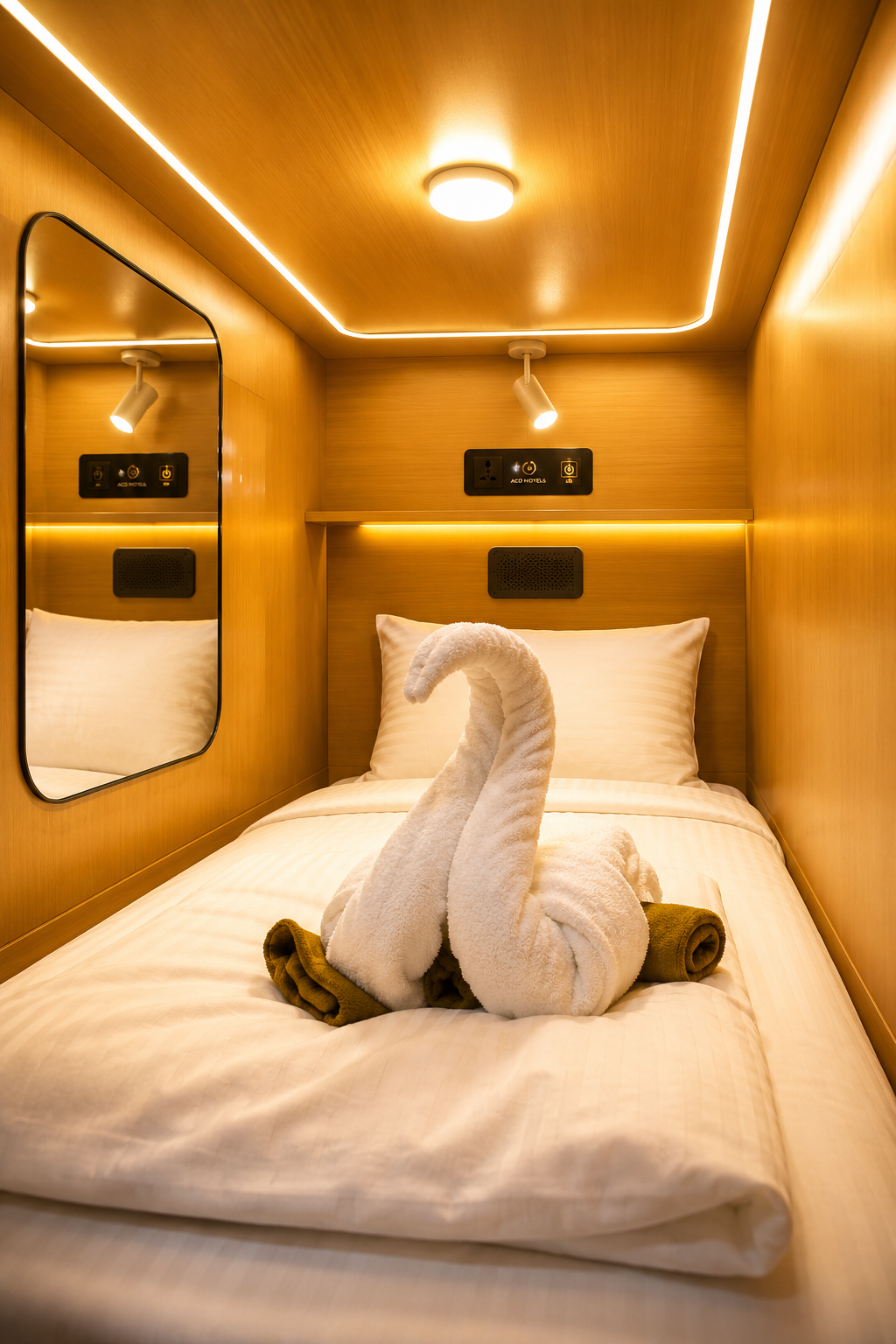 Premium single capsule pod with fresh linen at ACD Hotels Chennai