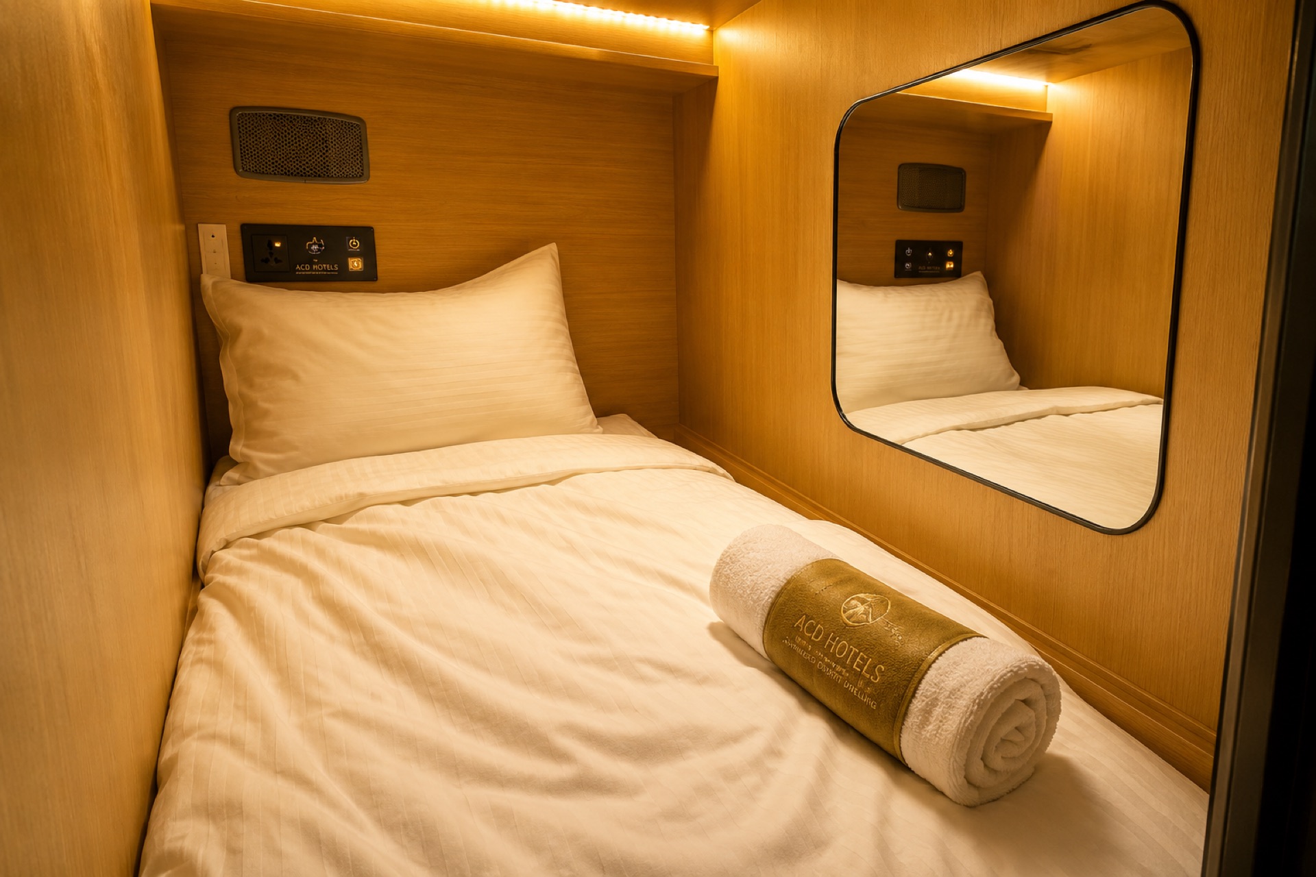 Capsule pod interior with vanity mirror at ACD Hotels Chennai