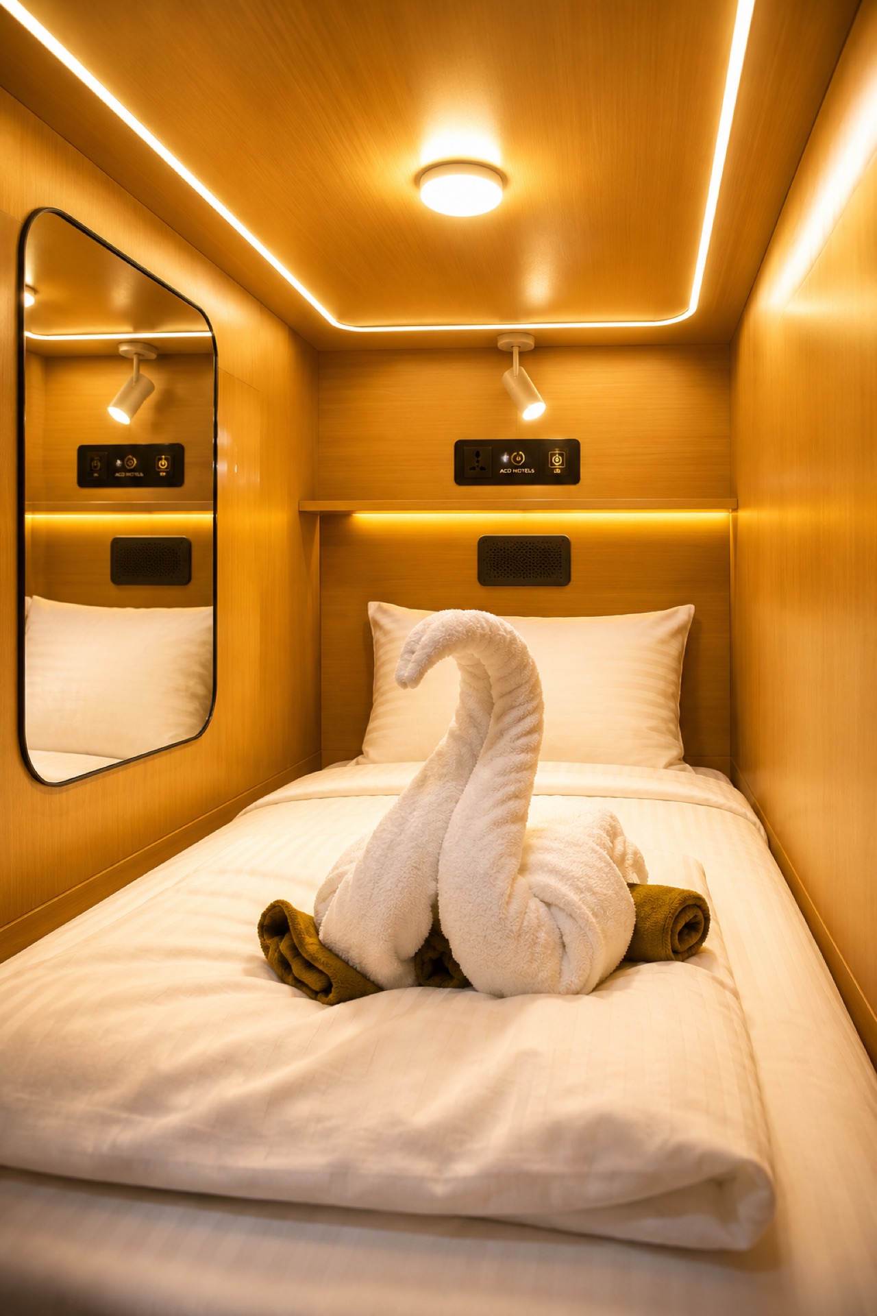 Premium single capsule pod with fresh linen at ACD Hotels Chennai