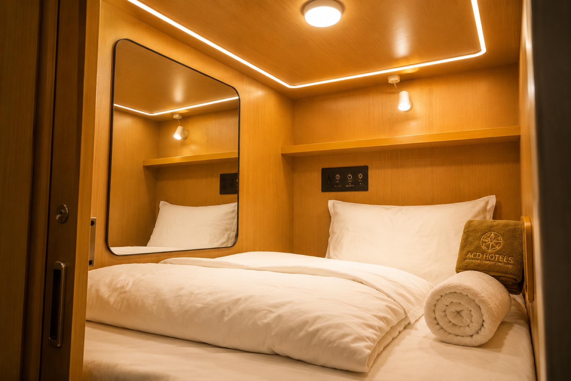 Bunk-style capsule pods with ladder access at ACD Hotels